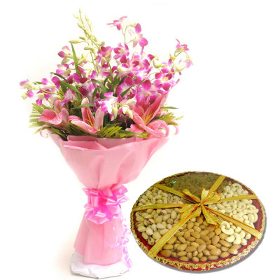 half kg assorted dry fruits with seasonal flower bouquet